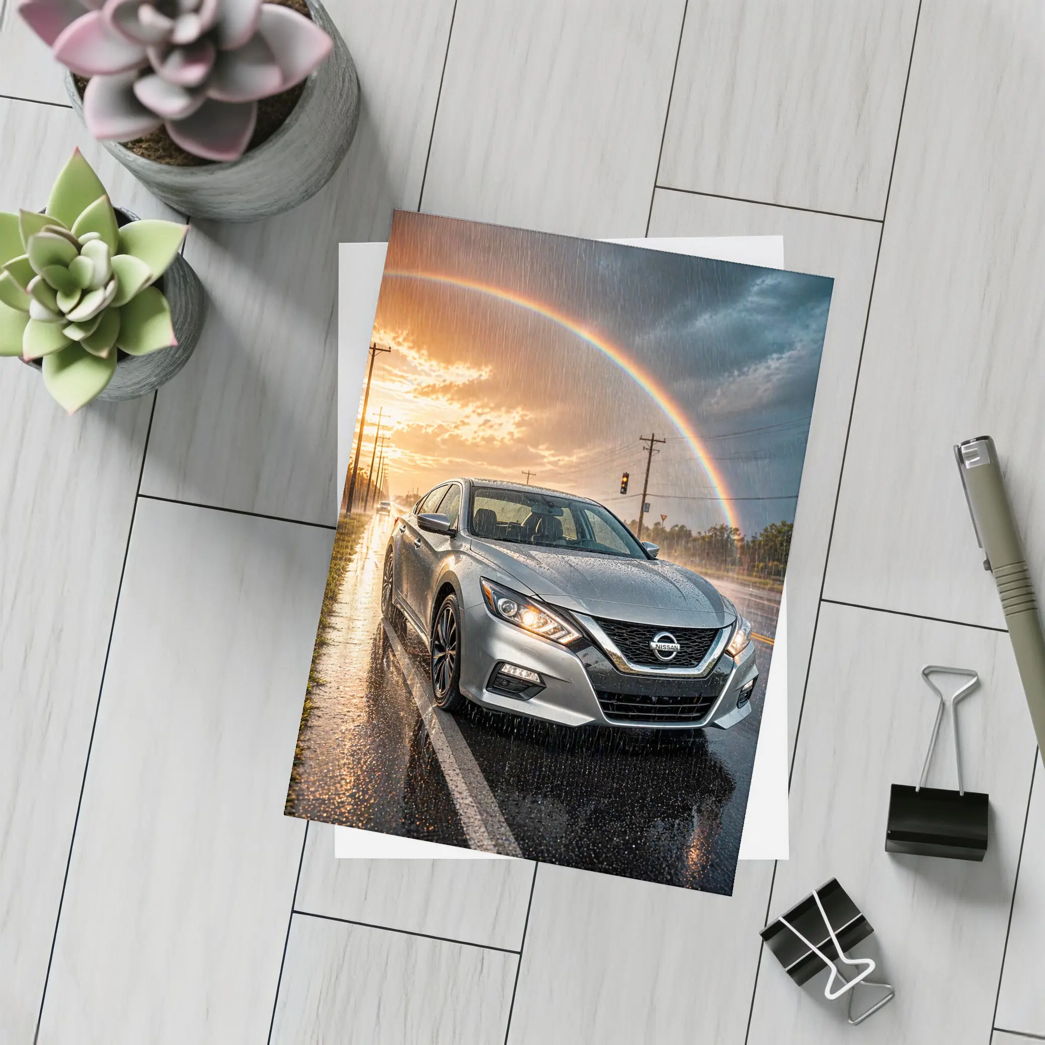 Nissan Altima Wet Road Rainbow Storm – Postcards