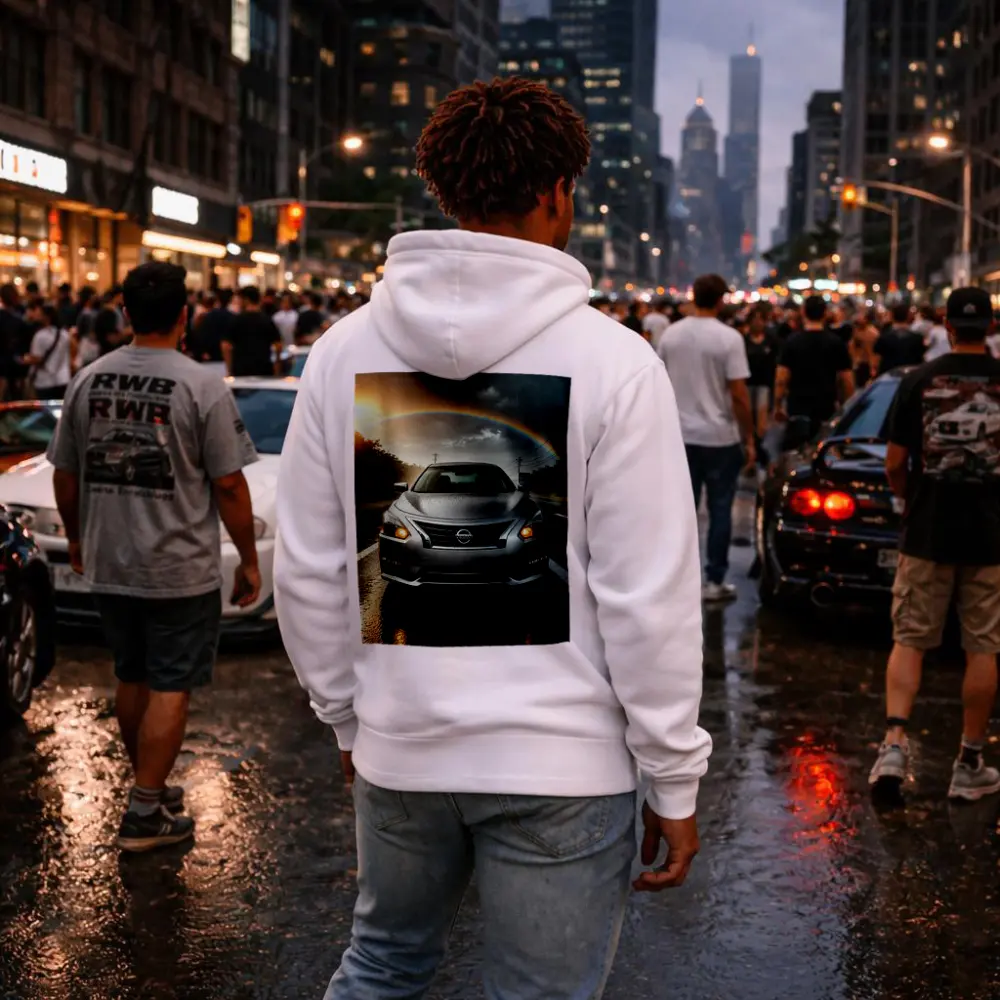 Nissan Altima Silver Sedan Rainy Road Rainbow – Hoodies