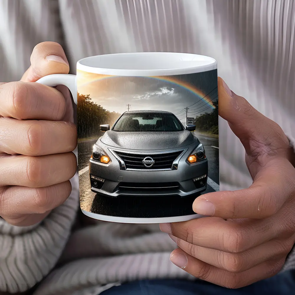 Nissan Altima Silver Sedan Rainy Road Rainbow – Mugs