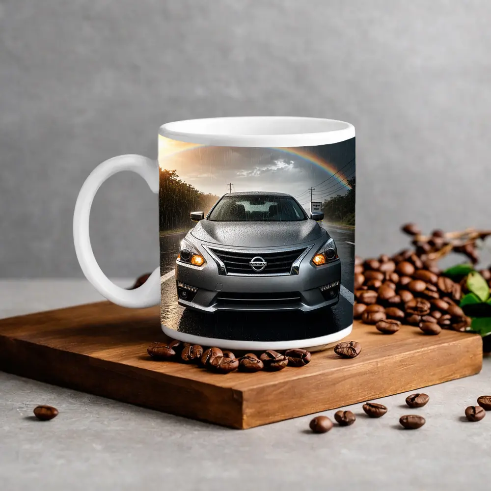 Nissan Altima Silver Sedan Rainy Road Rainbow – Mugs