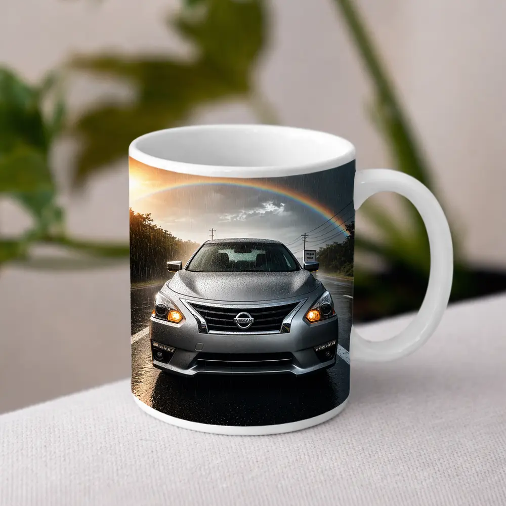 Nissan Altima Silver Sedan Rainy Road Rainbow – Mugs