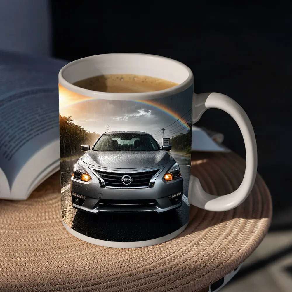 Nissan Altima Silver Sedan Rainy Road Rainbow – Mugs