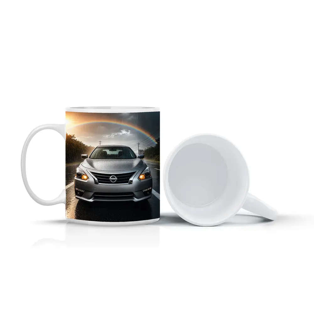 Nissan Altima Silver Sedan Rainy Road Rainbow – Mugs