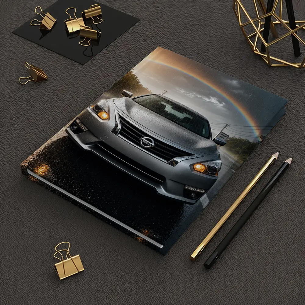 Nissan Altima Silver Sedan Rainy Road Rainbow – Notebooks