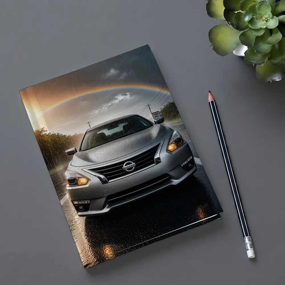 Nissan Altima Silver Sedan Rainy Road Rainbow – Notebooks