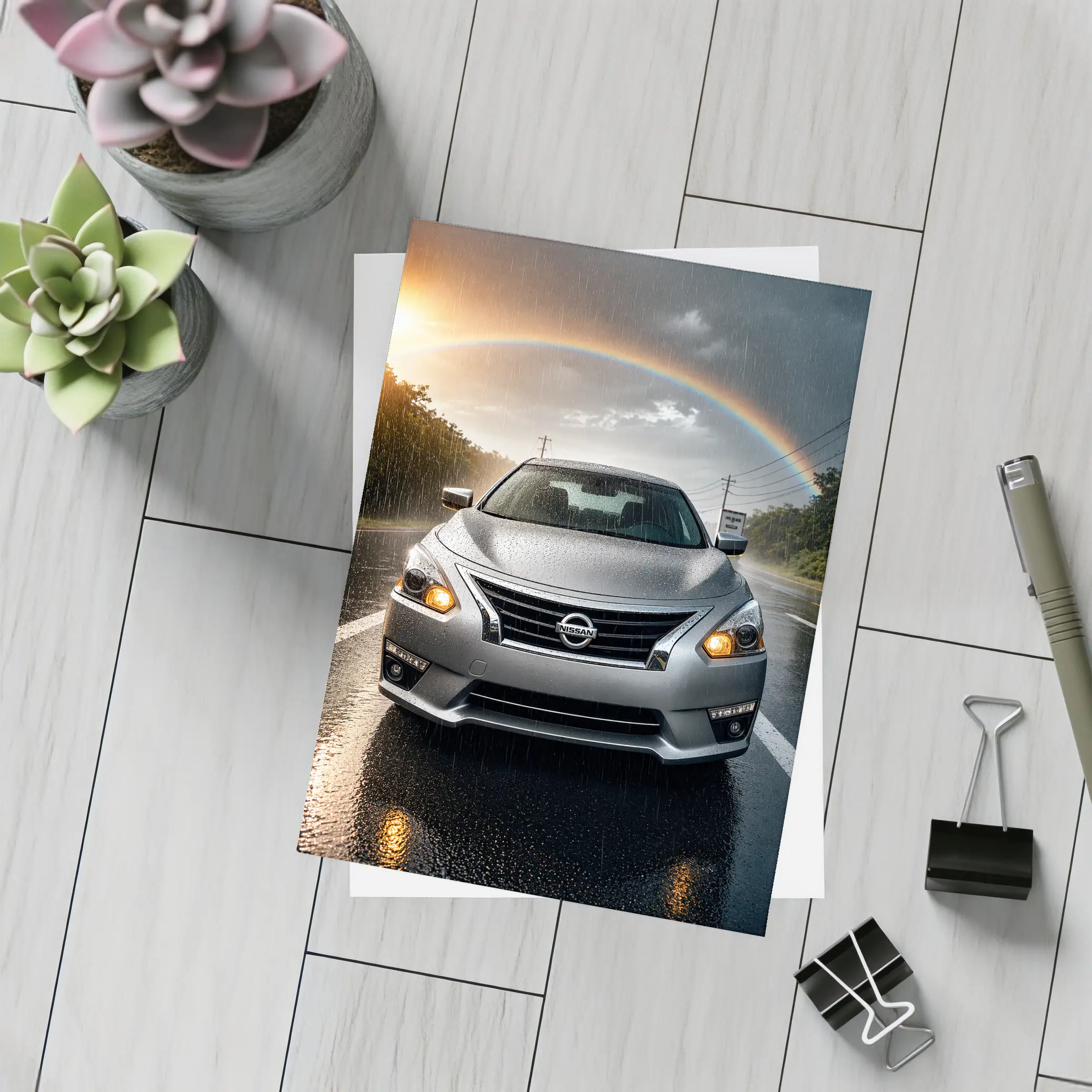 Nissan Altima Silver Sedan Rainy Road Rainbow – Postcards