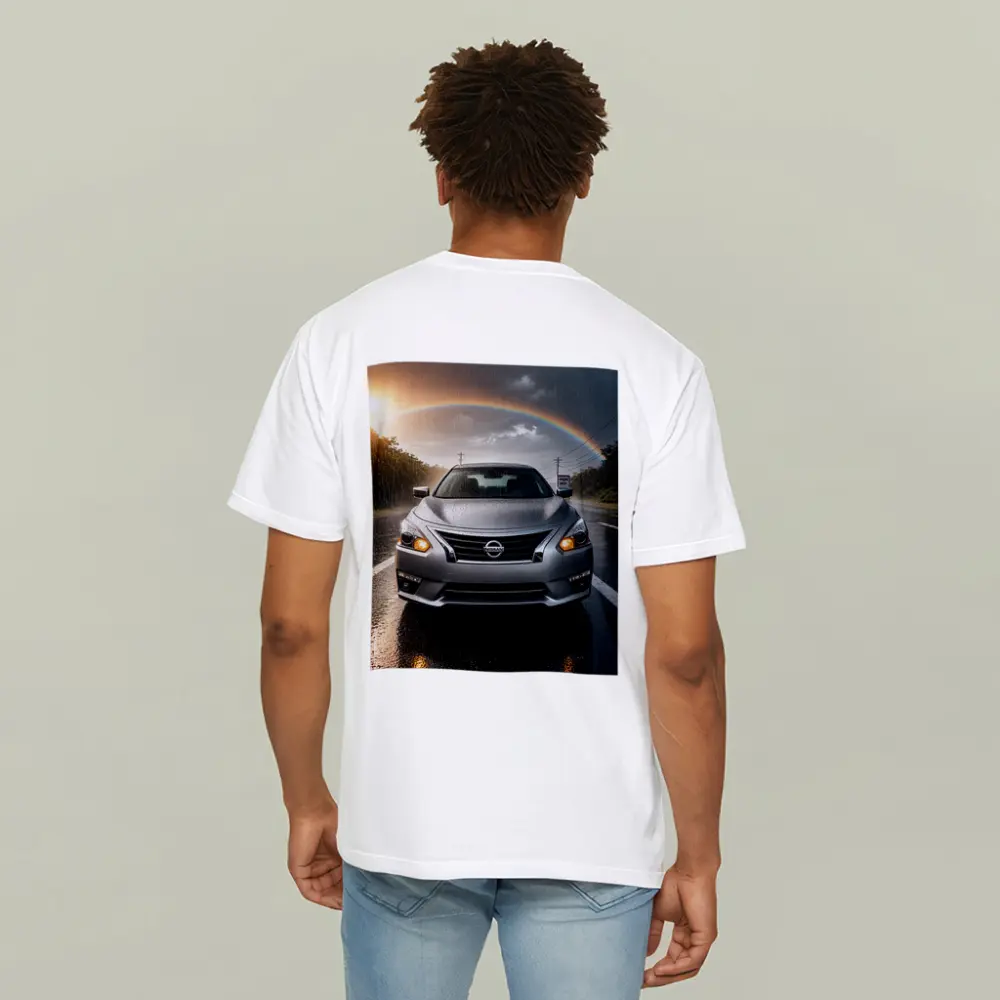 Nissan Altima Silver Sedan Rainy Road Rainbow – T-Shirts