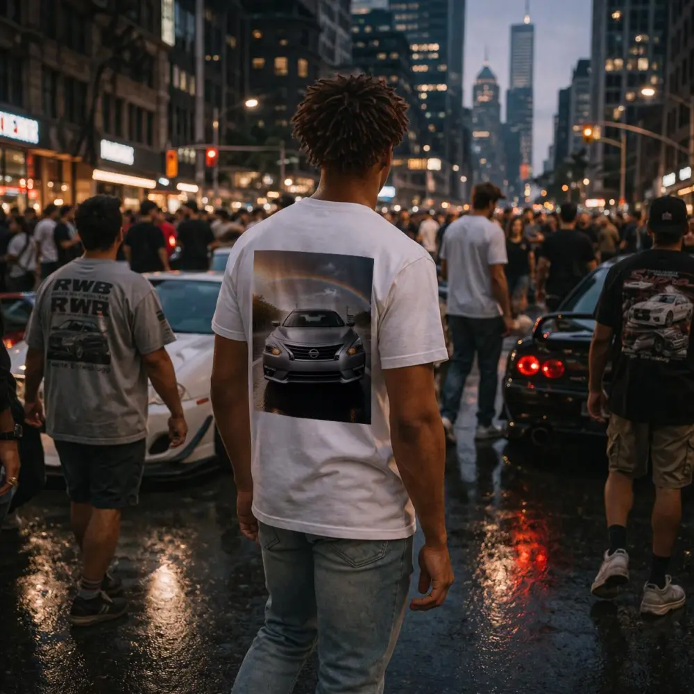 Nissan Altima Silver Sedan Rainy Road Rainbow – T-Shirts