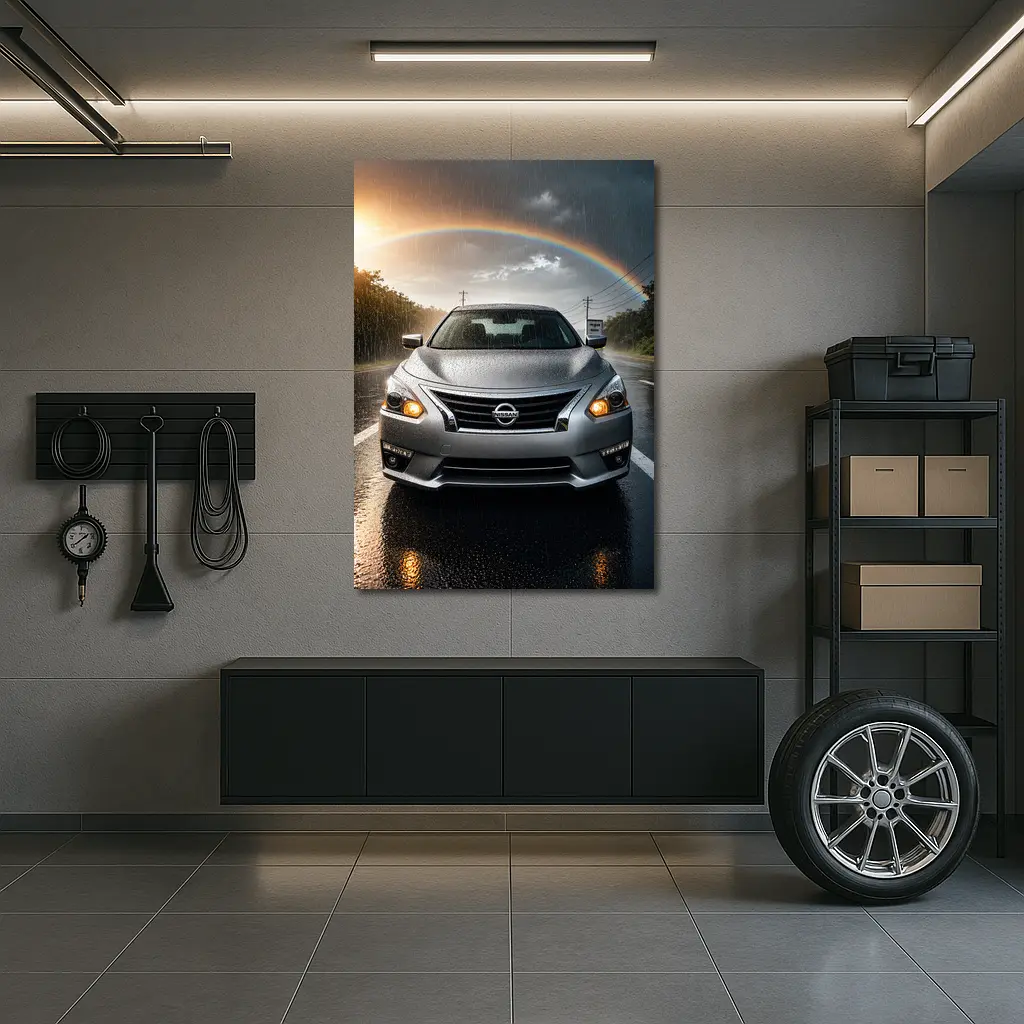 Nissan Altima Silver Sedan Rainy Road Rainbow – Wall Art