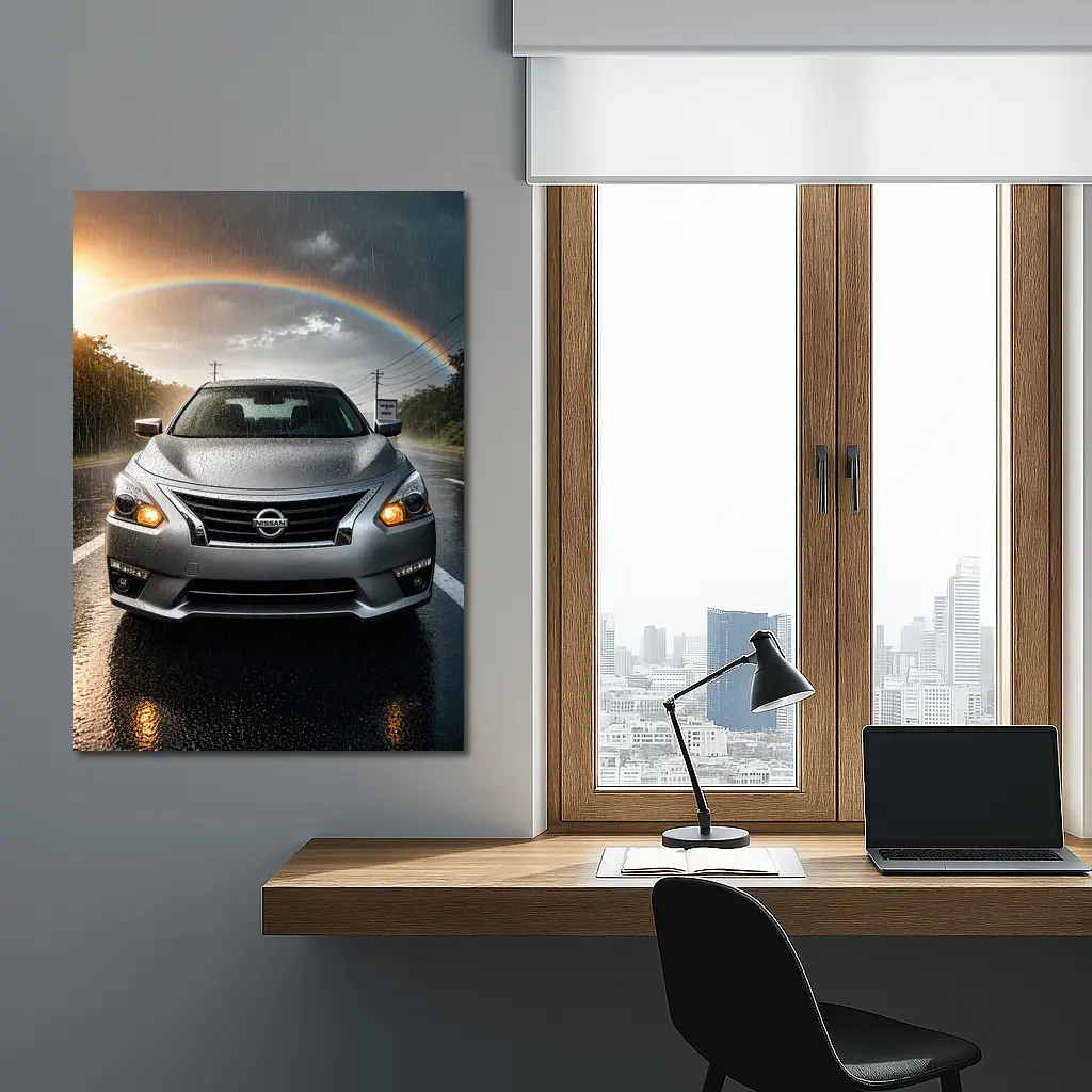 Nissan Altima Silver Sedan Rainy Road Rainbow – Wall Art