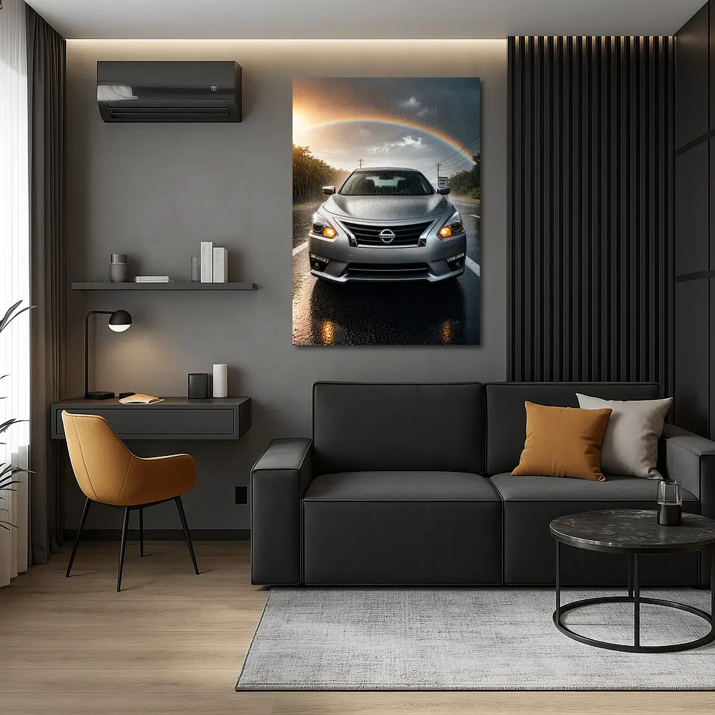 Nissan Altima Silver Sedan Rainy Road Rainbow – Wall Art