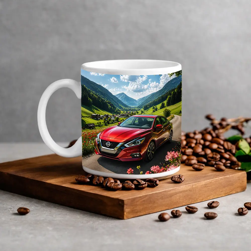 Nissan Altima Red Car Mountain Valley Road – Mugs