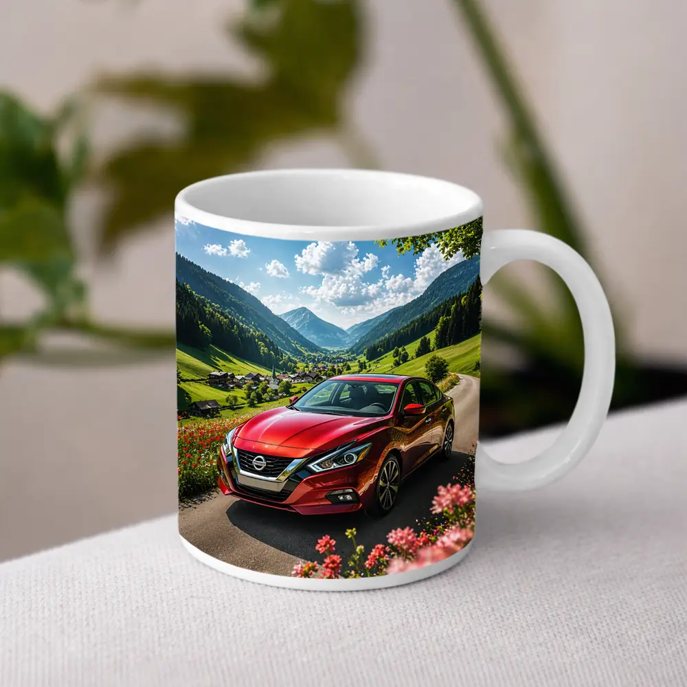 Nissan Altima Red Car Mountain Valley Road – Mugs