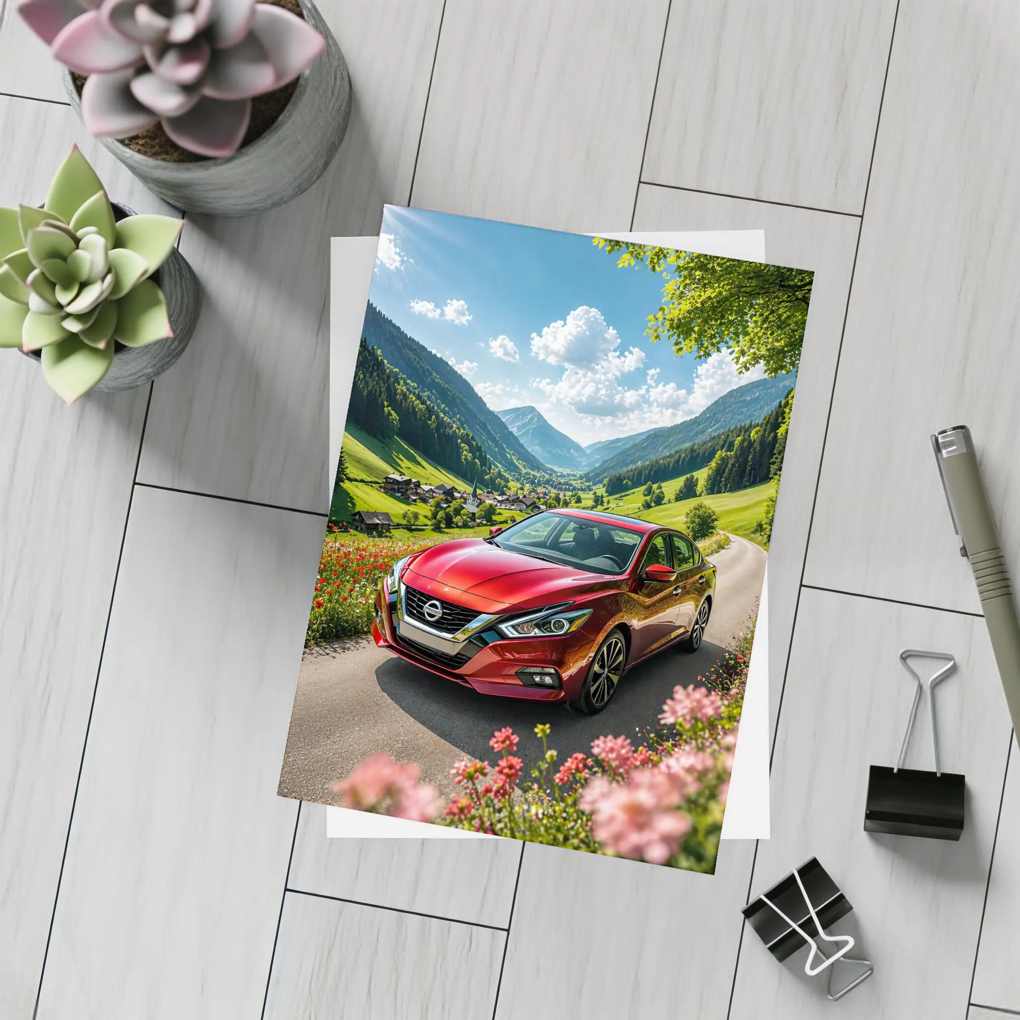 Nissan Altima Red Car Mountain Valley Road – Postcards