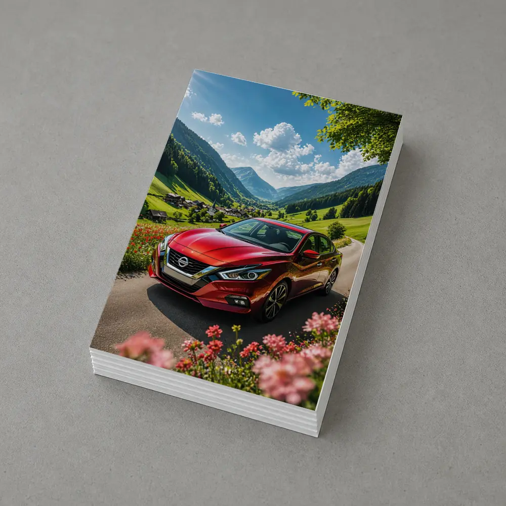 Nissan Altima Red Car Mountain Valley Road – Postcards