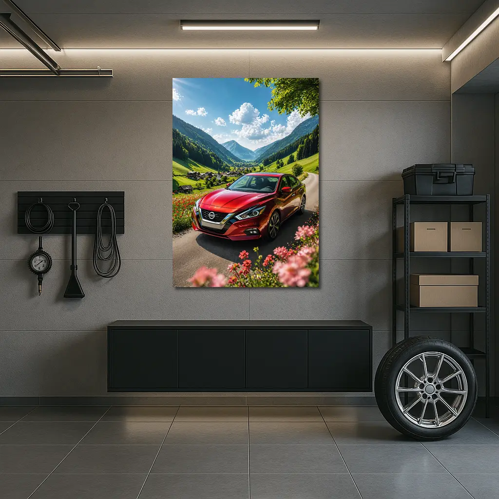 Nissan Altima Red Car Mountain Valley Road – Wall Art