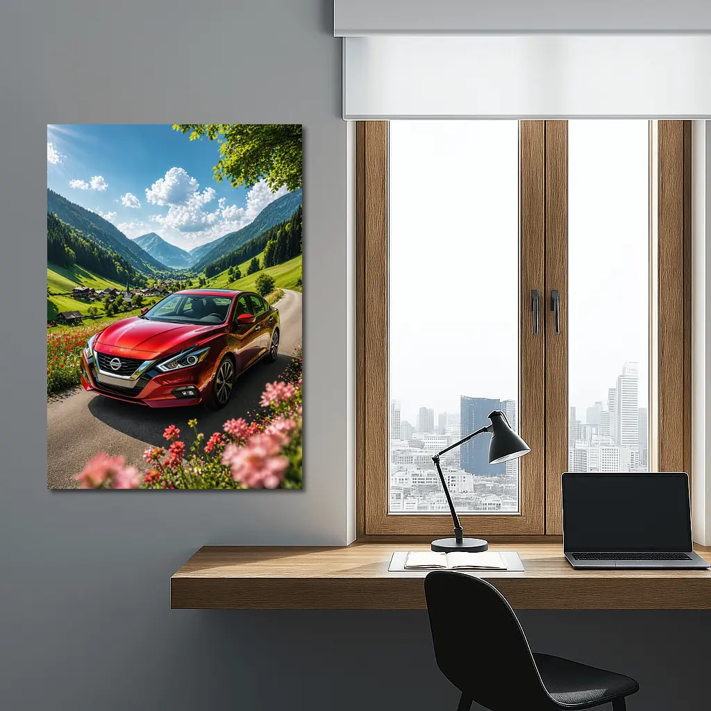 Nissan Altima Red Car Mountain Valley Road – Wall Art