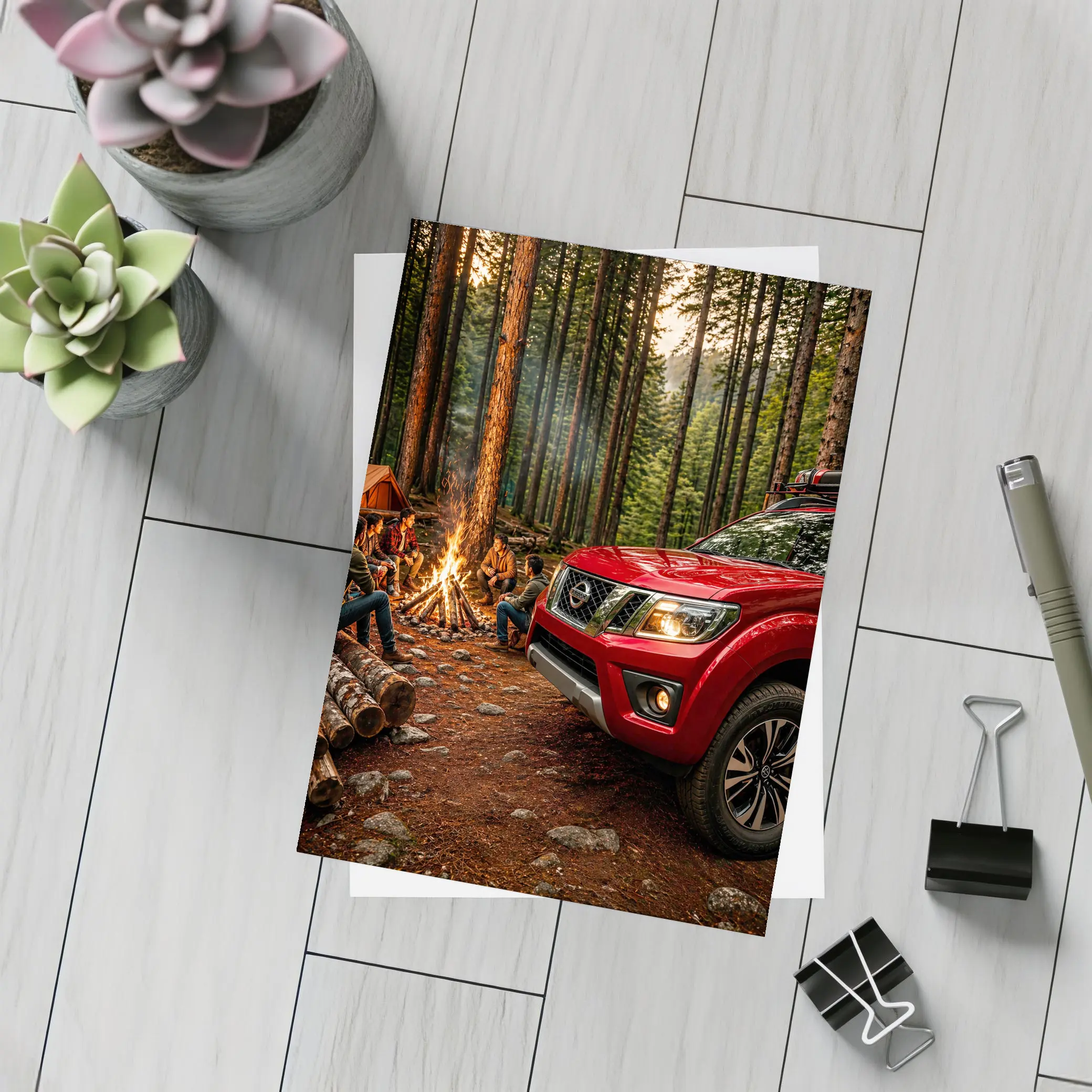 Nissan Frontier Red Truck Forest Campfire – Postcards