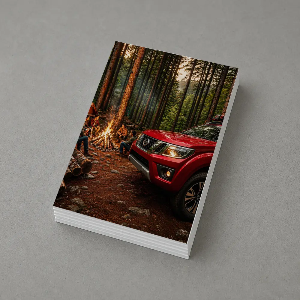 Nissan Frontier Red Truck Forest Campfire – Postcards