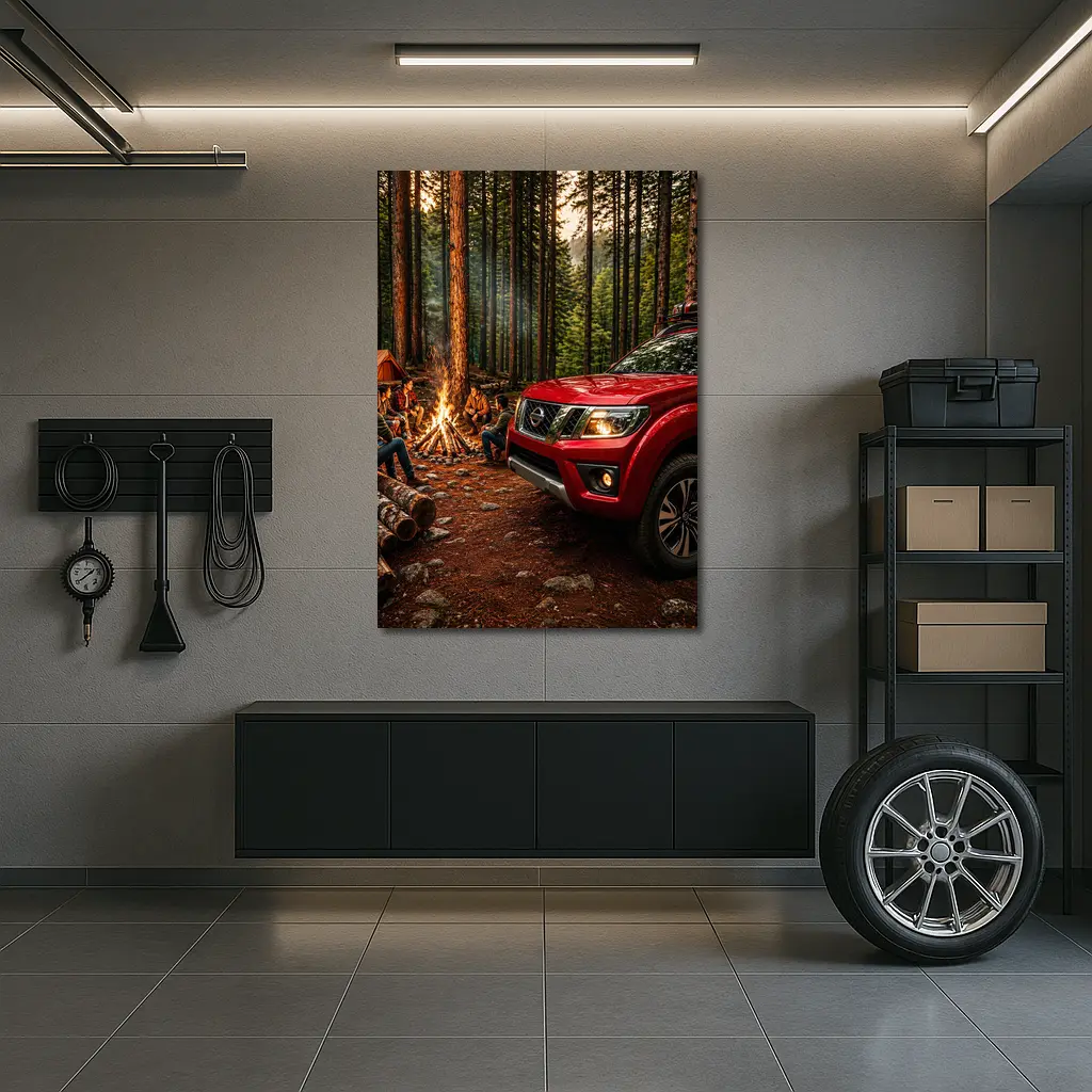 Nissan Frontier Red Truck Forest Campfire – Wall Art