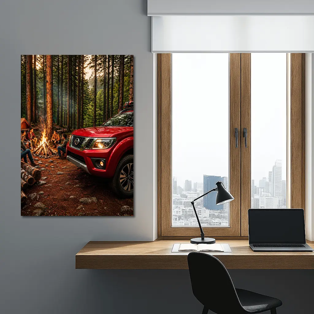 Nissan Frontier Red Truck Forest Campfire – Wall Art