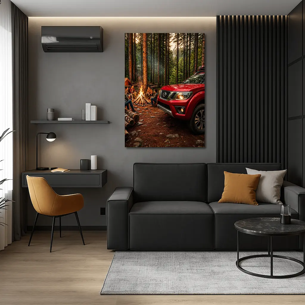 Nissan Frontier Red Truck Forest Campfire – Wall Art
