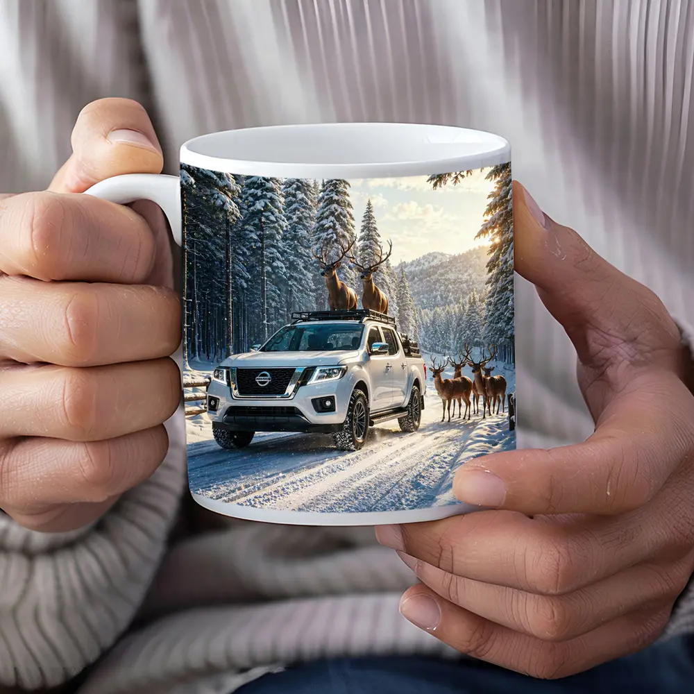 Nissan Frontier Truck Snowy Forest Deer – Mugs