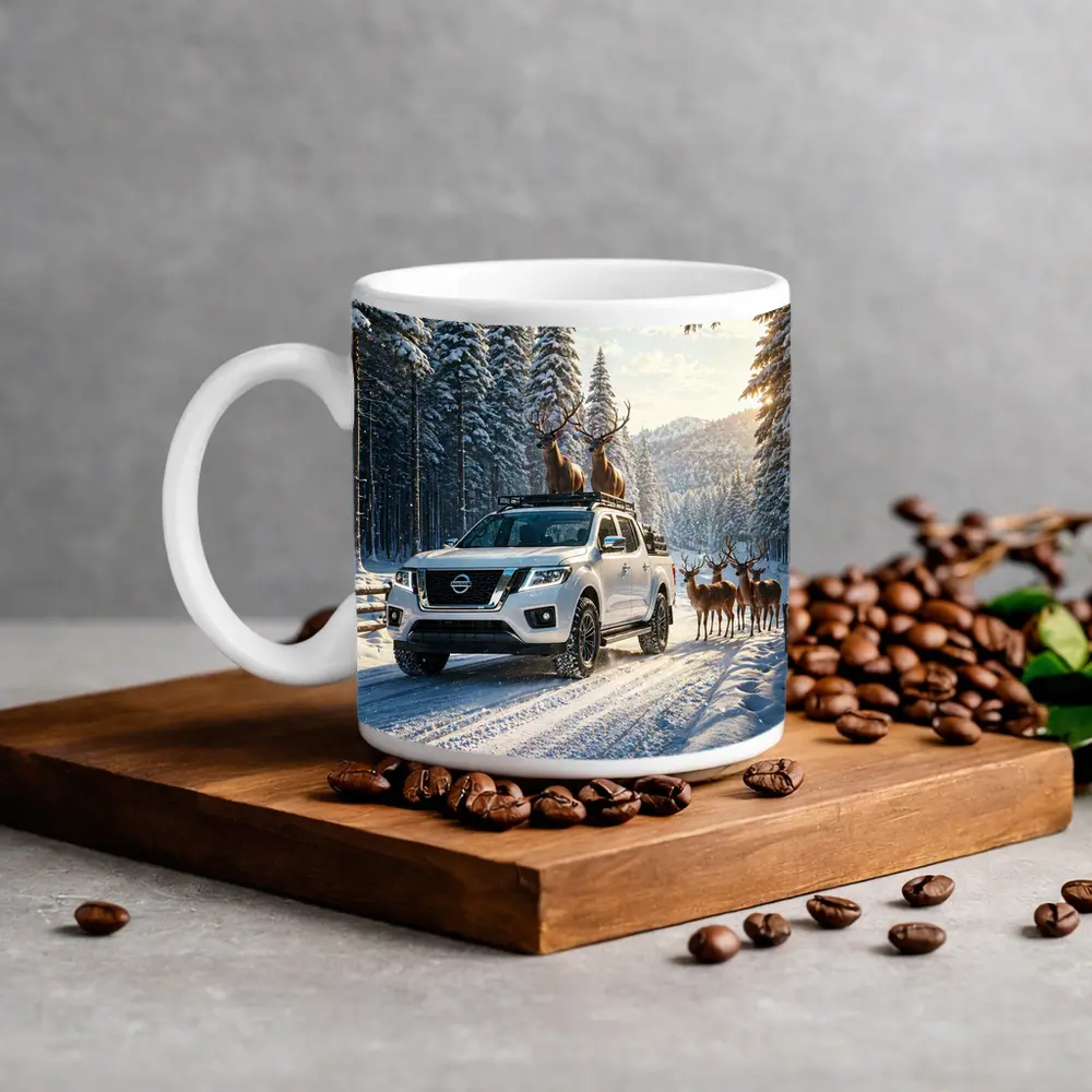 Nissan Frontier Truck Snowy Forest Deer – Mugs