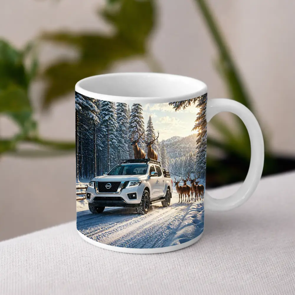 Nissan Frontier Truck Snowy Forest Deer – Mugs