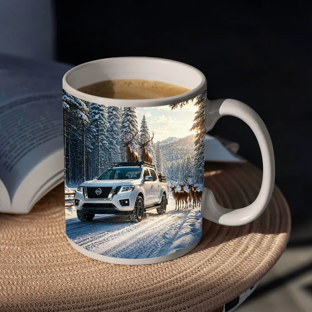 Nissan Frontier Truck Snowy Forest Deer – Mugs