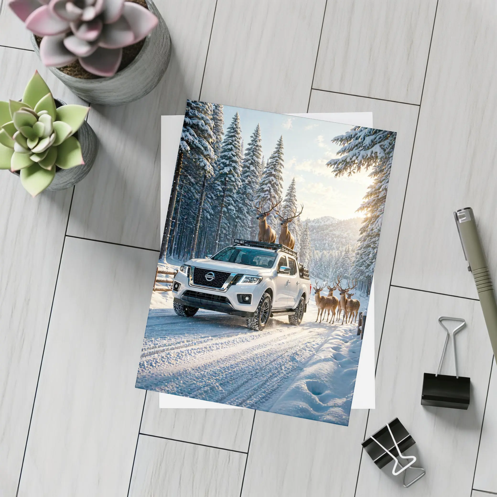 Nissan Frontier Truck Snowy Forest Deer – Postcards