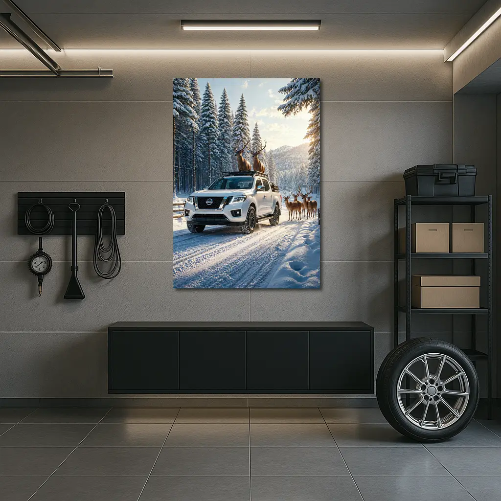 Nissan Frontier Truck Snowy Forest Deer – Wall Art