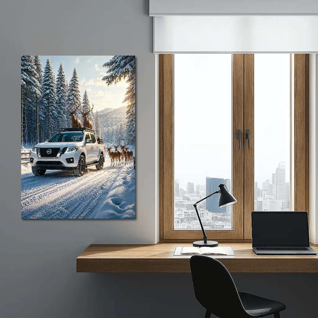 Nissan Frontier Truck Snowy Forest Deer – Wall Art