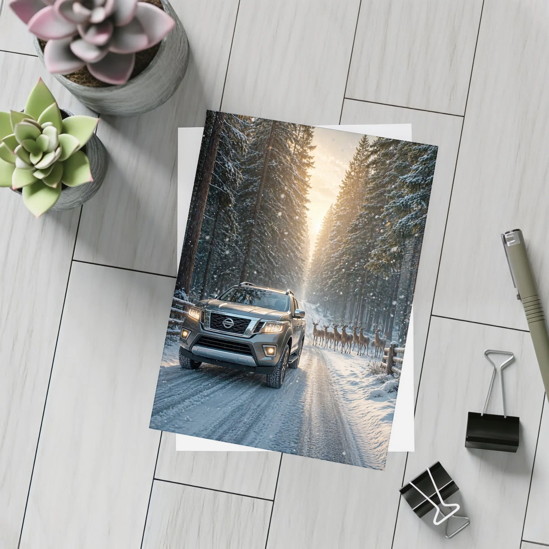 Nissan Frontier SUV Snowy Forest Deer – Postcards