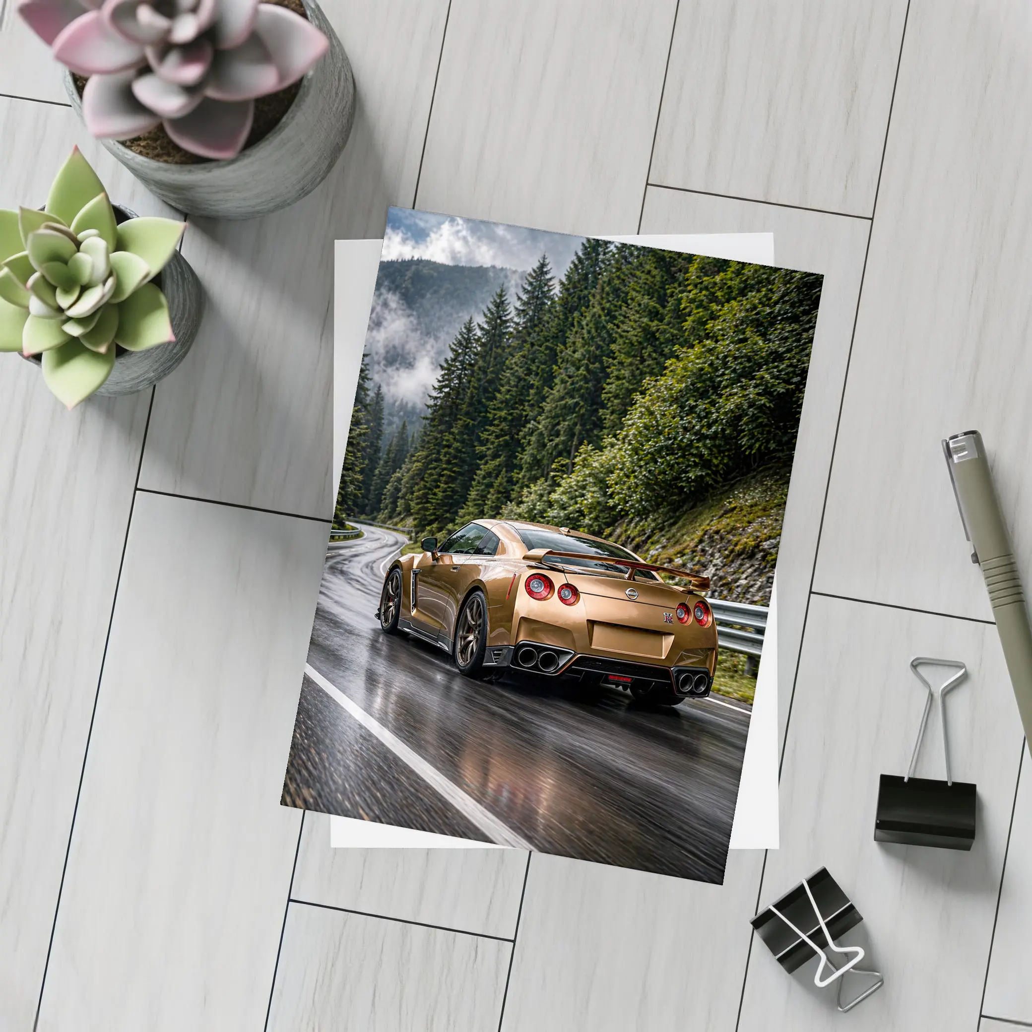 Nissan GT-R Gold Wet Mountain Road – Postcards