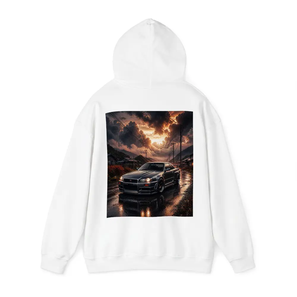 Nissan Skyline GT-R Wet Road Sunset Scene – Hoodies