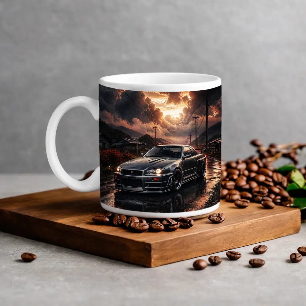 Nissan Skyline GT-R Wet Road Sunset Scene – Mugs