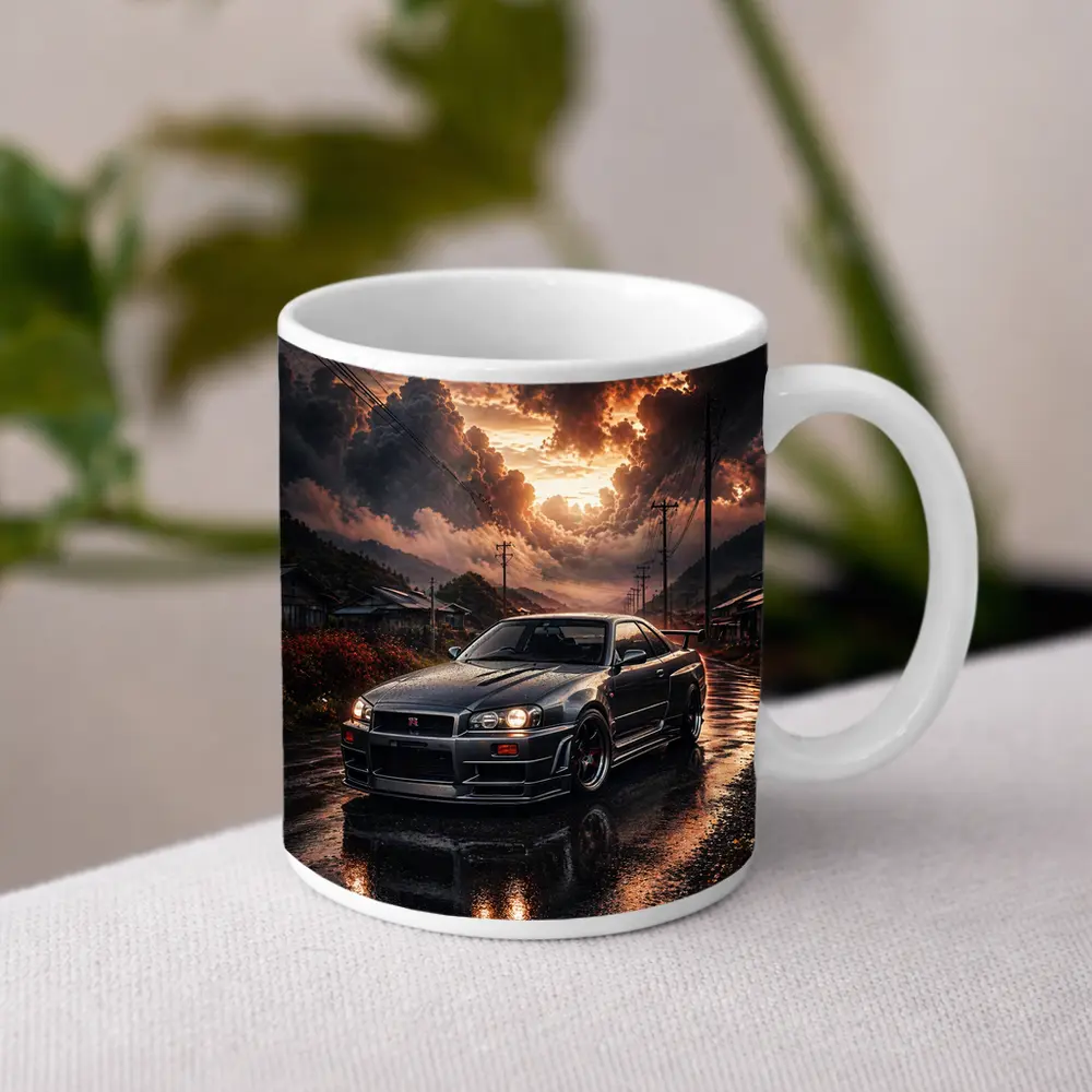 Nissan Skyline GT-R Wet Road Sunset Scene – Mugs