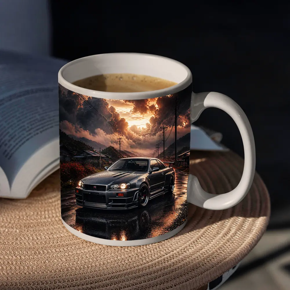 Nissan Skyline GT-R Wet Road Sunset Scene – Mugs