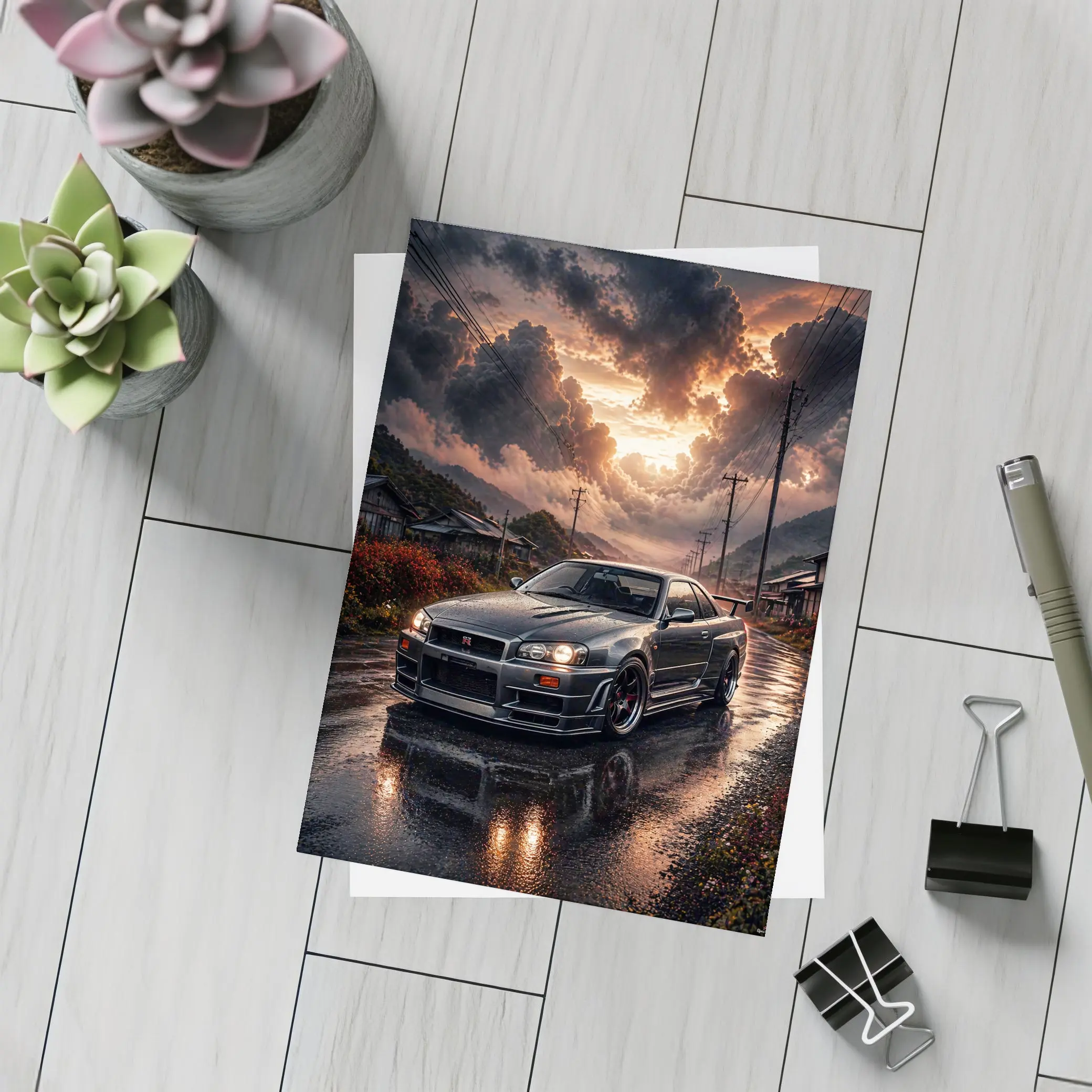 Nissan Skyline GT-R Wet Road Sunset Scene – Postcards