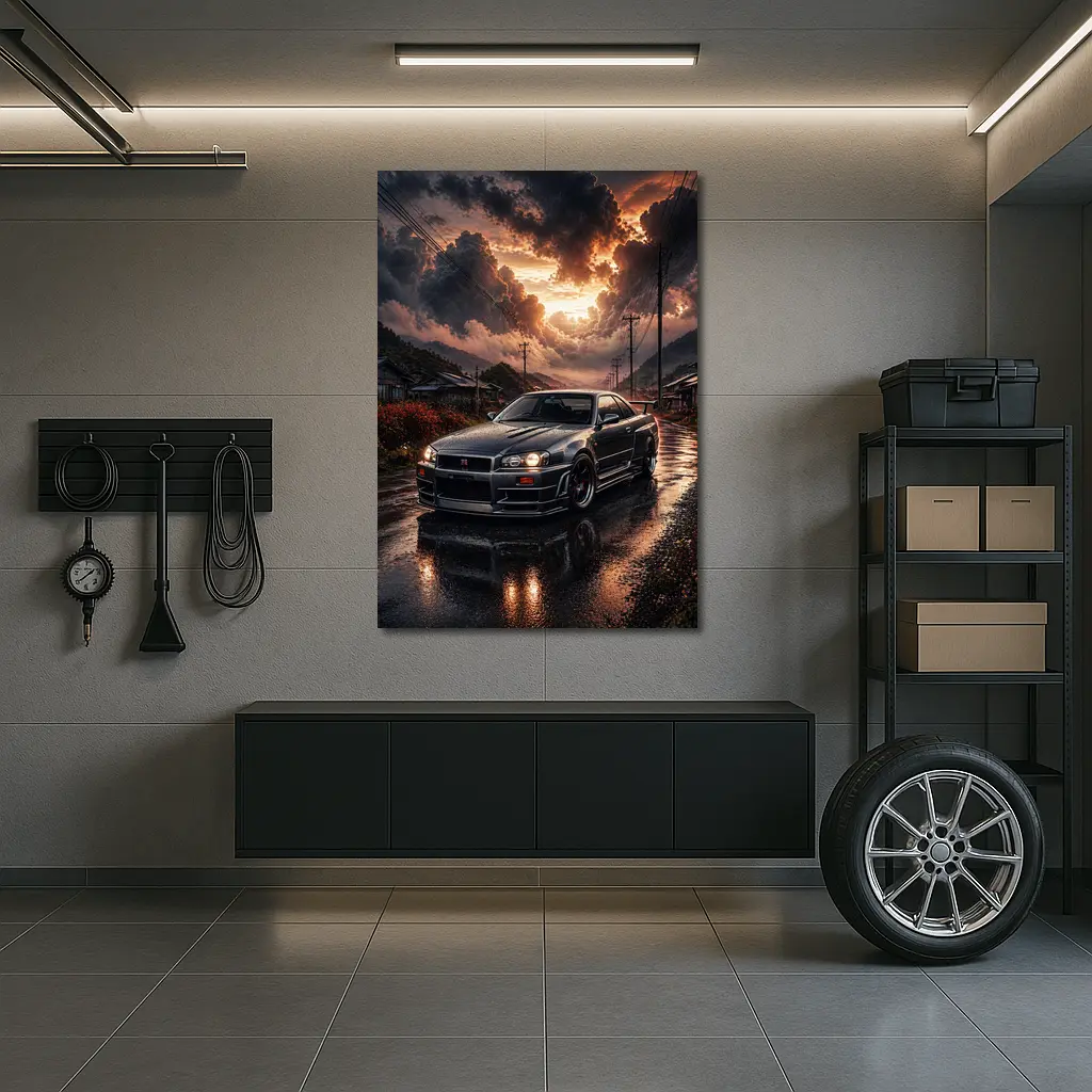 Nissan Skyline GT-R Wet Road Sunset Scene – Wall Art