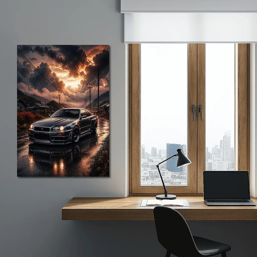 Nissan Skyline GT-R Wet Road Sunset Scene – Wall Art