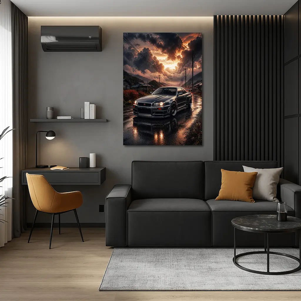 Nissan Skyline GT-R Wet Road Sunset Scene – Wall Art