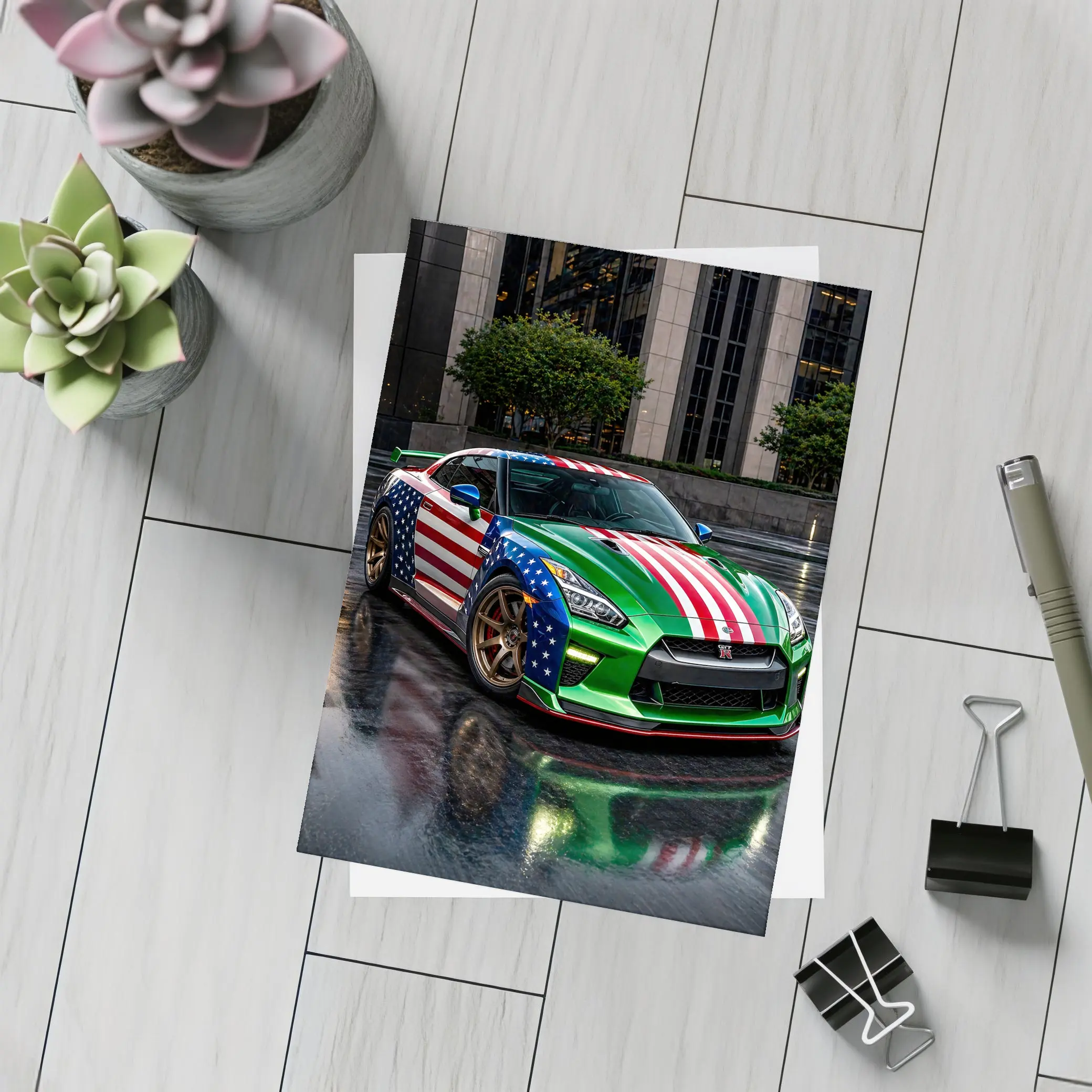 Nissan GT-R Green US Flag Rainy City – Postcards