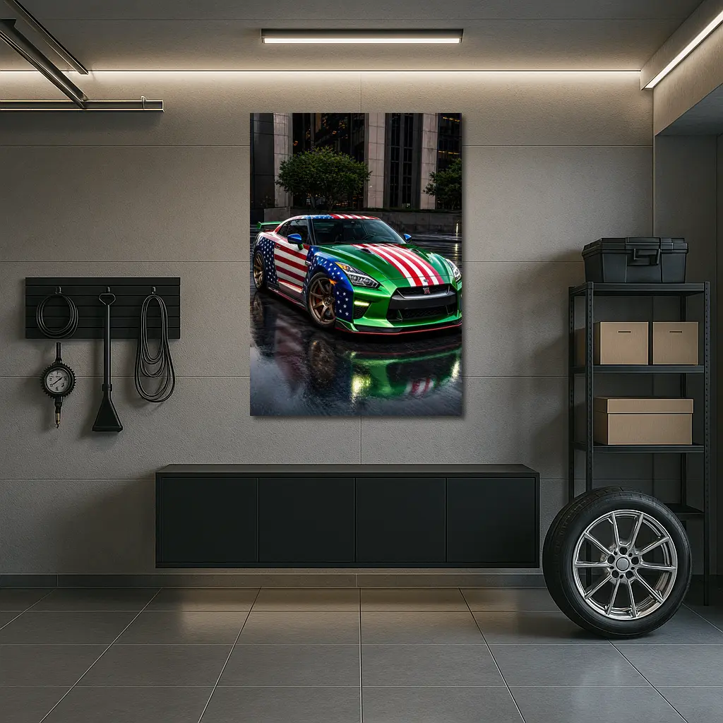 Nissan GT-R Green US Flag Rainy City – Wall Art