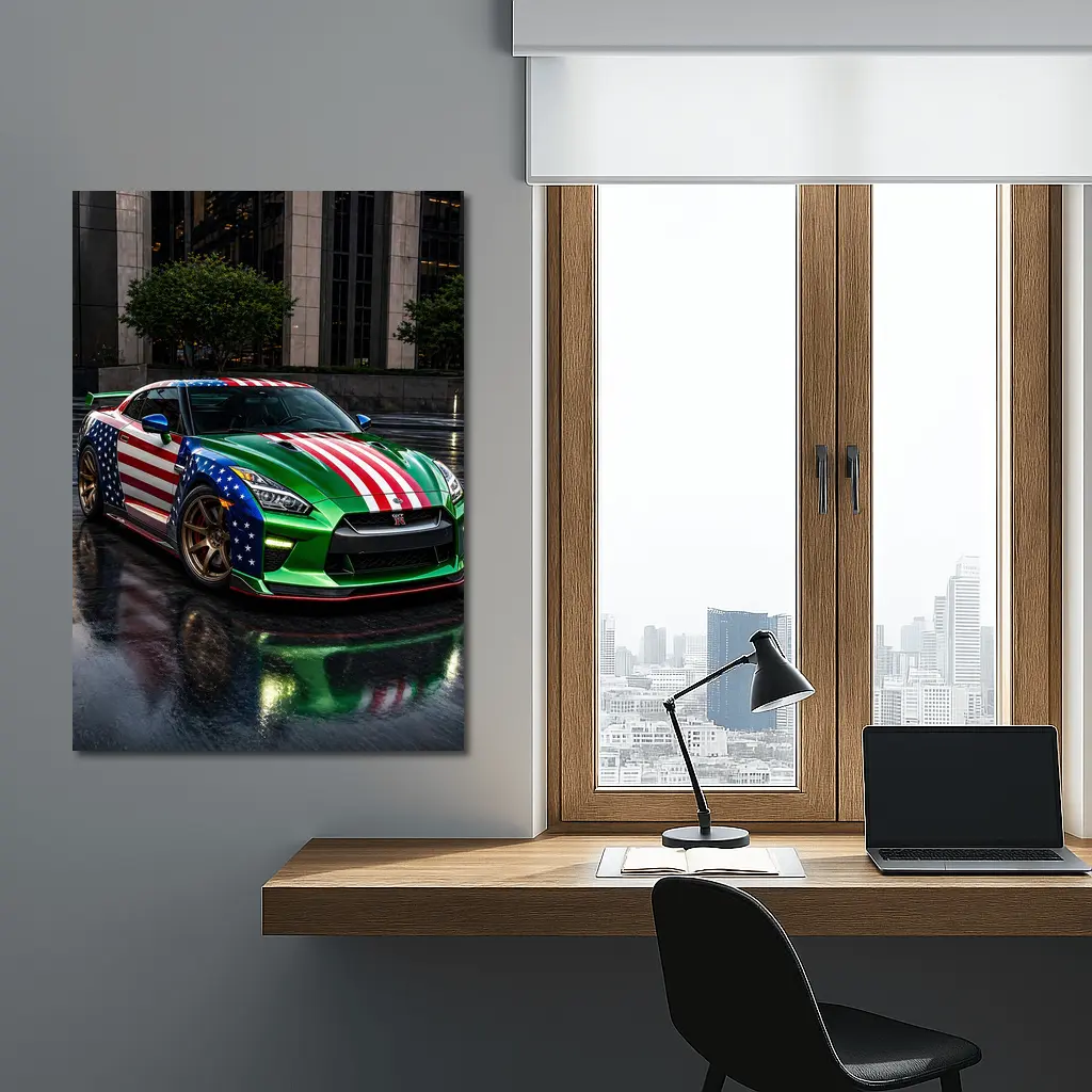 Nissan GT-R Green US Flag Rainy City – Wall Art