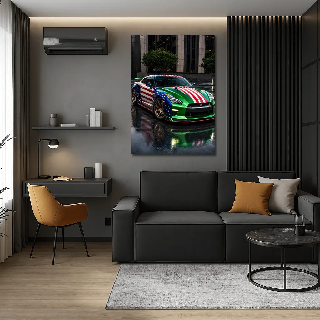 Nissan GT-R Green US Flag Rainy City – Wall Art