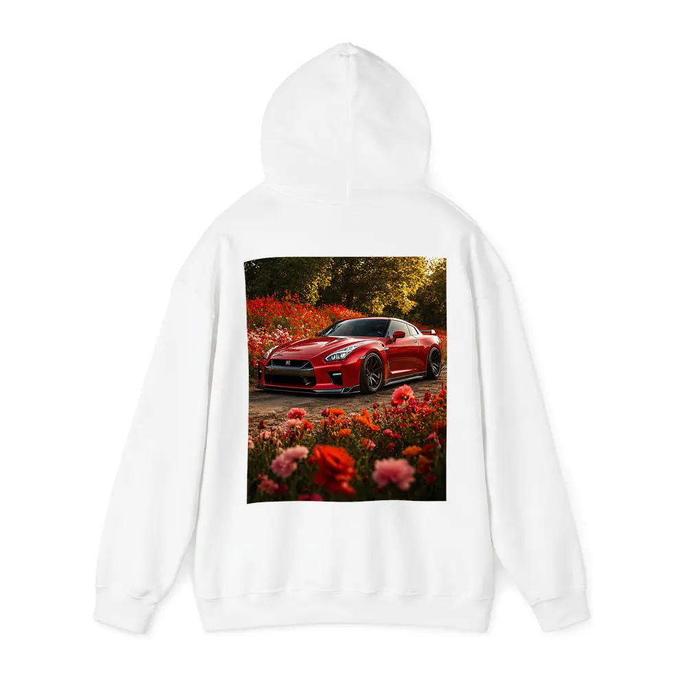 Red Nissan GT-R Surrounded by Blooming Flowers – Hoodies