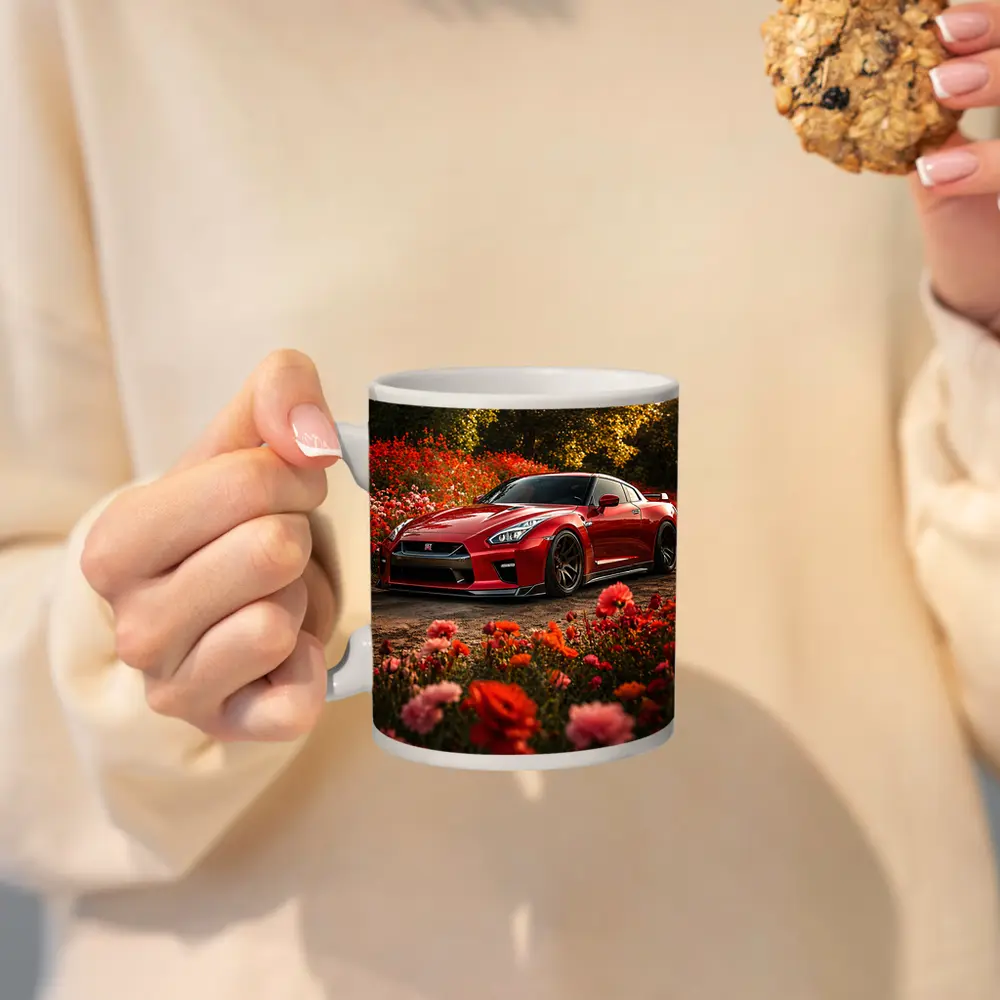 Red Nissan GT-R Surrounded by Blooming Flowers – Mugs