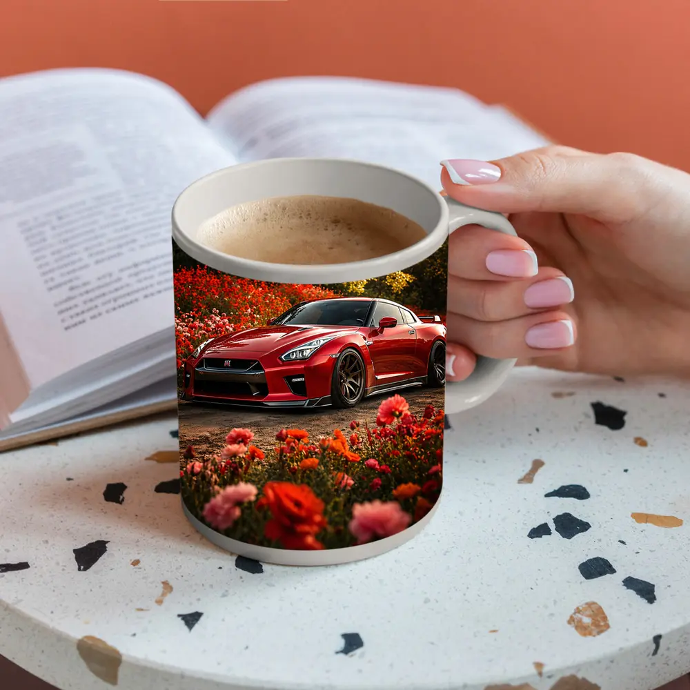 Red Nissan GT-R Surrounded by Blooming Flowers – Mugs
